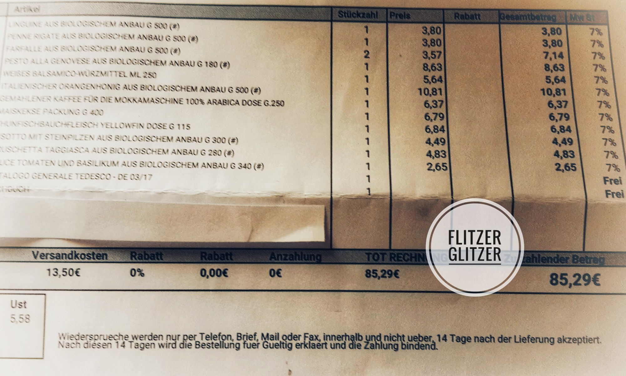 Original Lieferschein. Gut zu erkennen sind Preise und Versandkosten. Name der Firma wurde abgedeckt.