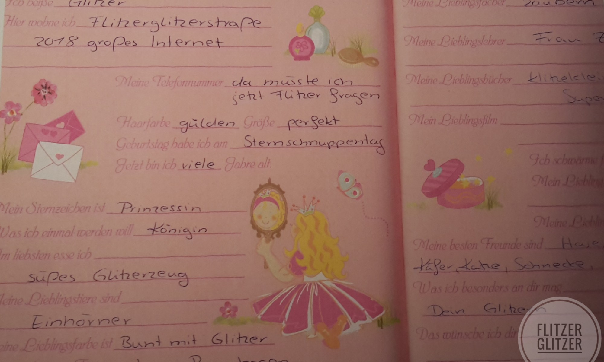 Prinzessinen Freundebuch ausgefüllt von Glitzer